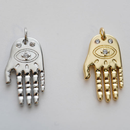 18K Gold Filled Hamsa Hand Pendant,CZ Micro Pave Hand Evill Eye Charm Necklace for DIY Jewelry Making Supply