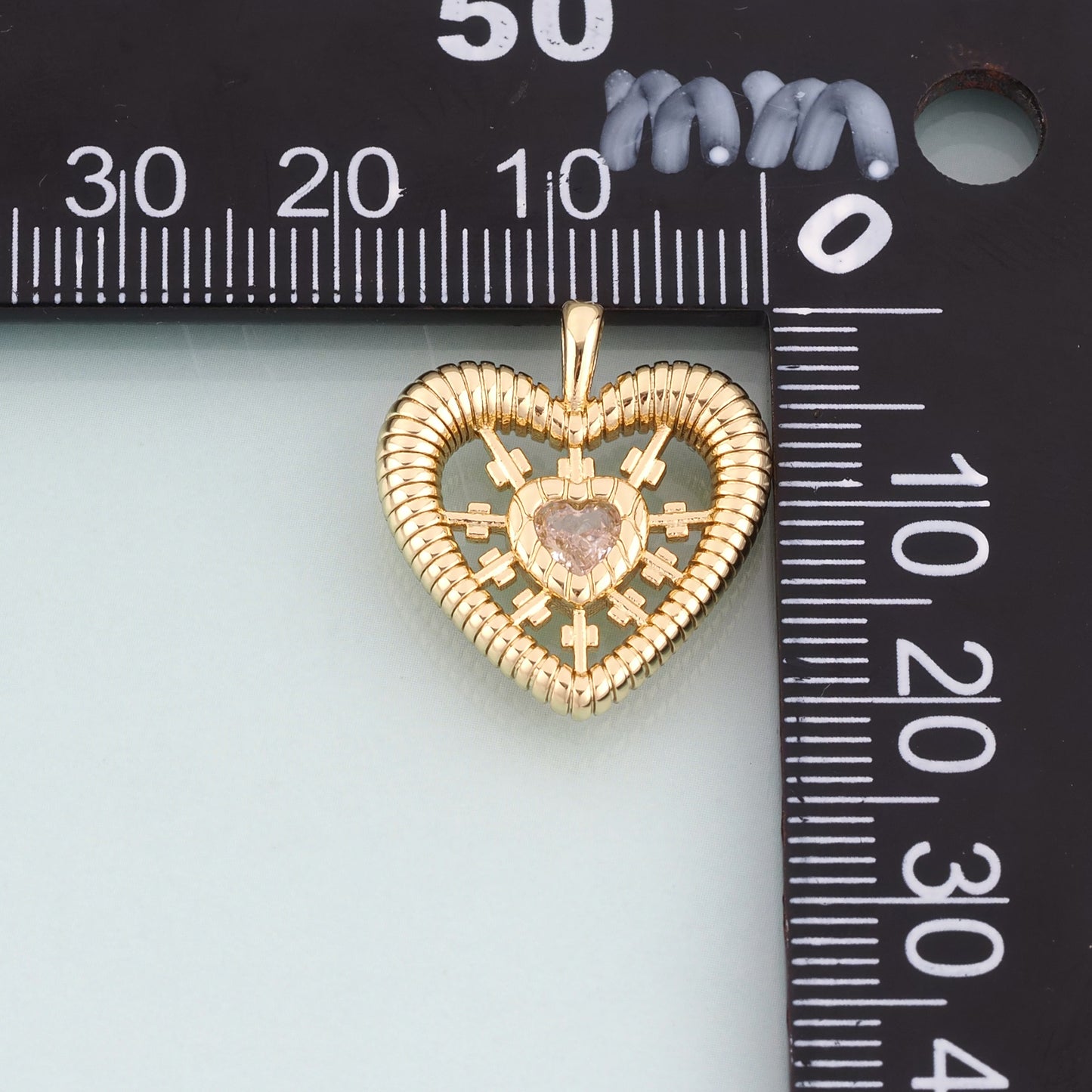 18K Gold Filled CZ Heart Pendant,Radial Texture Heart Charm Bracelet Necklace for DIY Jewelry Making Supply