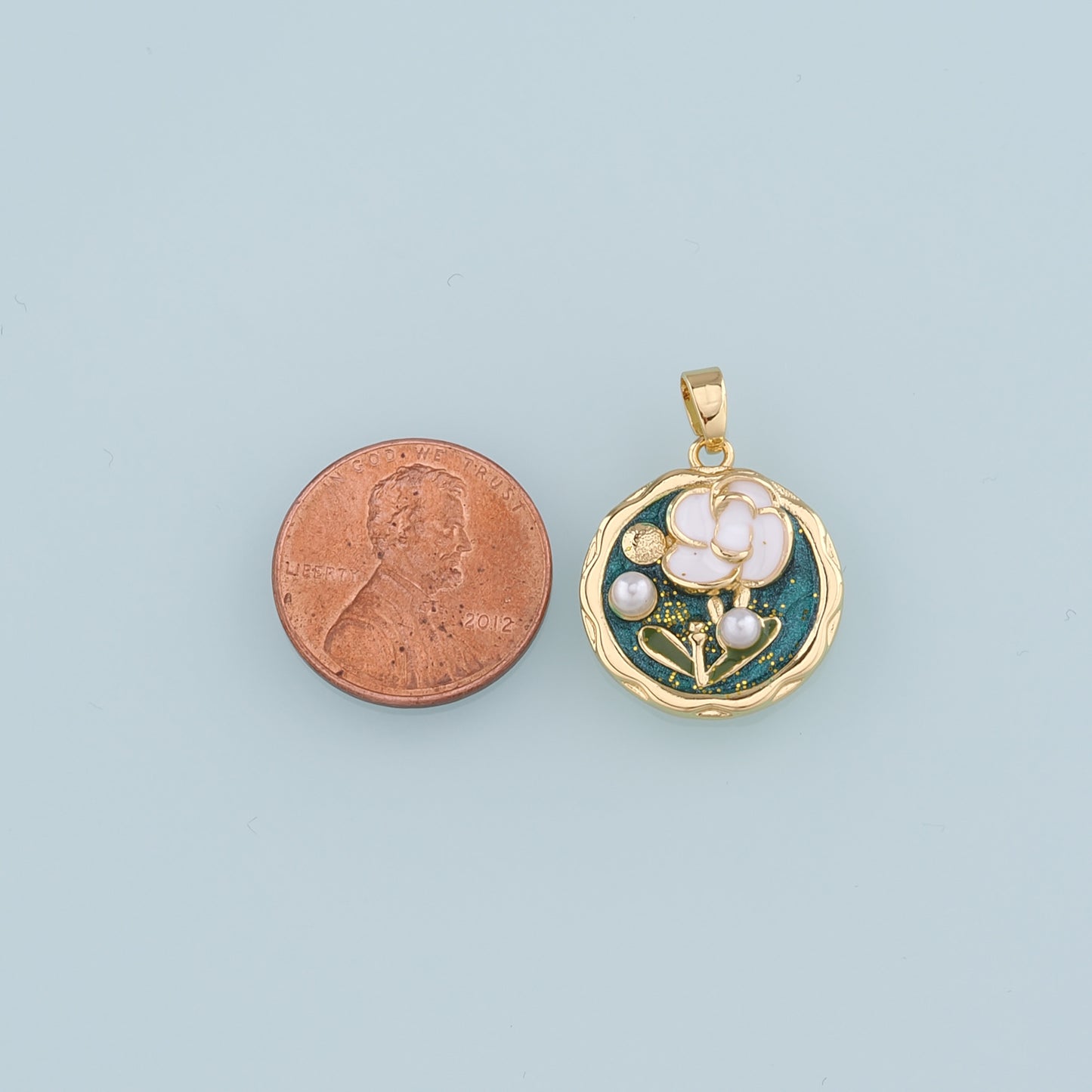 Gold Flower Charms,18K Gold Filled Round Pearl Flower Pendant,Enamel Flower Charm Bracelet Necklace for DIY Jewelry Making Supply