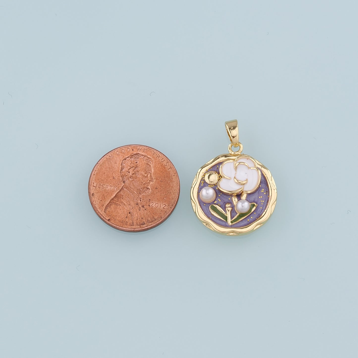 Gold Flower Charms,18K Gold Filled Round Pearl Flower Pendant,Enamel Flower Charm Bracelet Necklace for DIY Jewelry Making Supply
