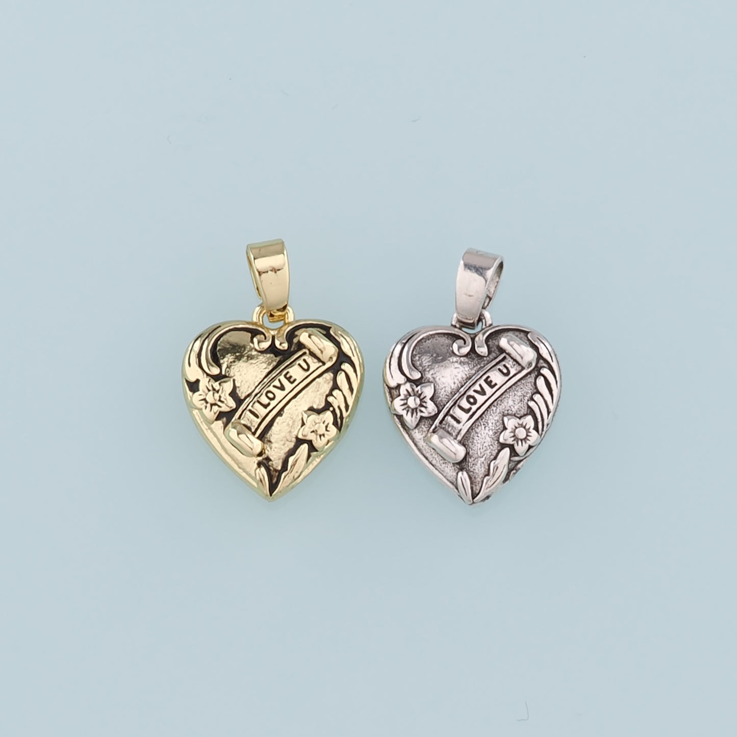 18K Gold Filled Retro Heart Pendant,I Love U Charm Bracelet Necklace for DIY Jewelry Making Supply