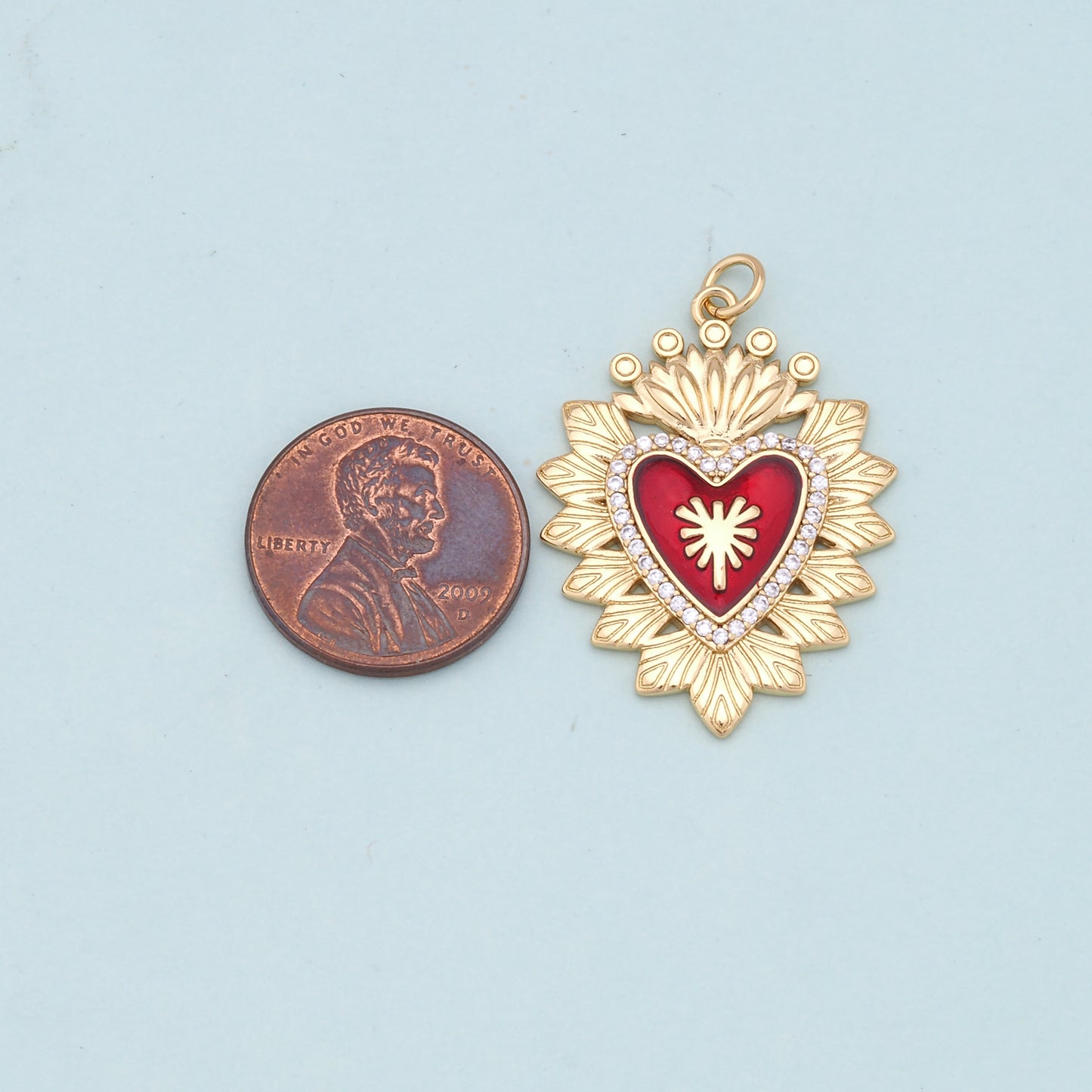 Gold Red sacred Heart Charms,18K Gold Filled flame sacred heart Pendant,Religious Charm Bracelet Necklace for DIY Jewelry Making Supply