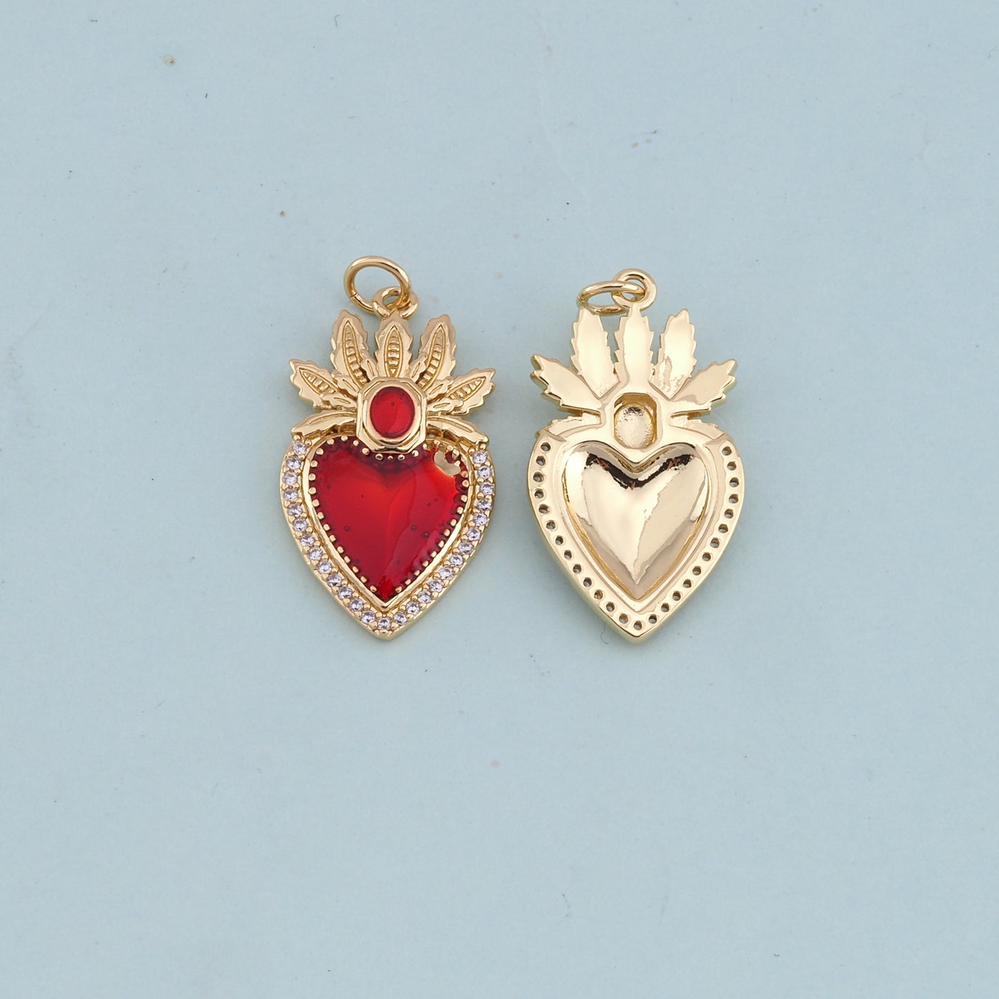 Gold Red sacred Heart Charms,18K Gold Filled flame sacred heart Pendant,Religious Charm Bracelet Necklace for DIY Jewelry Making Supply