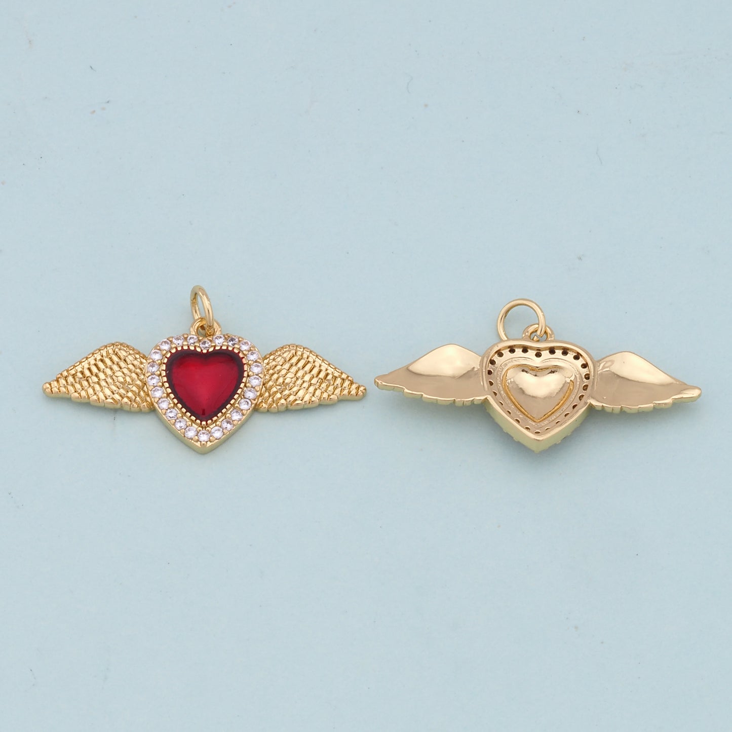 Gold Wings Charms,18K Gold Filled flame Red sacred heart Pendant,Religious Charm Bracelet Necklace for DIY Jewelry Making Supply