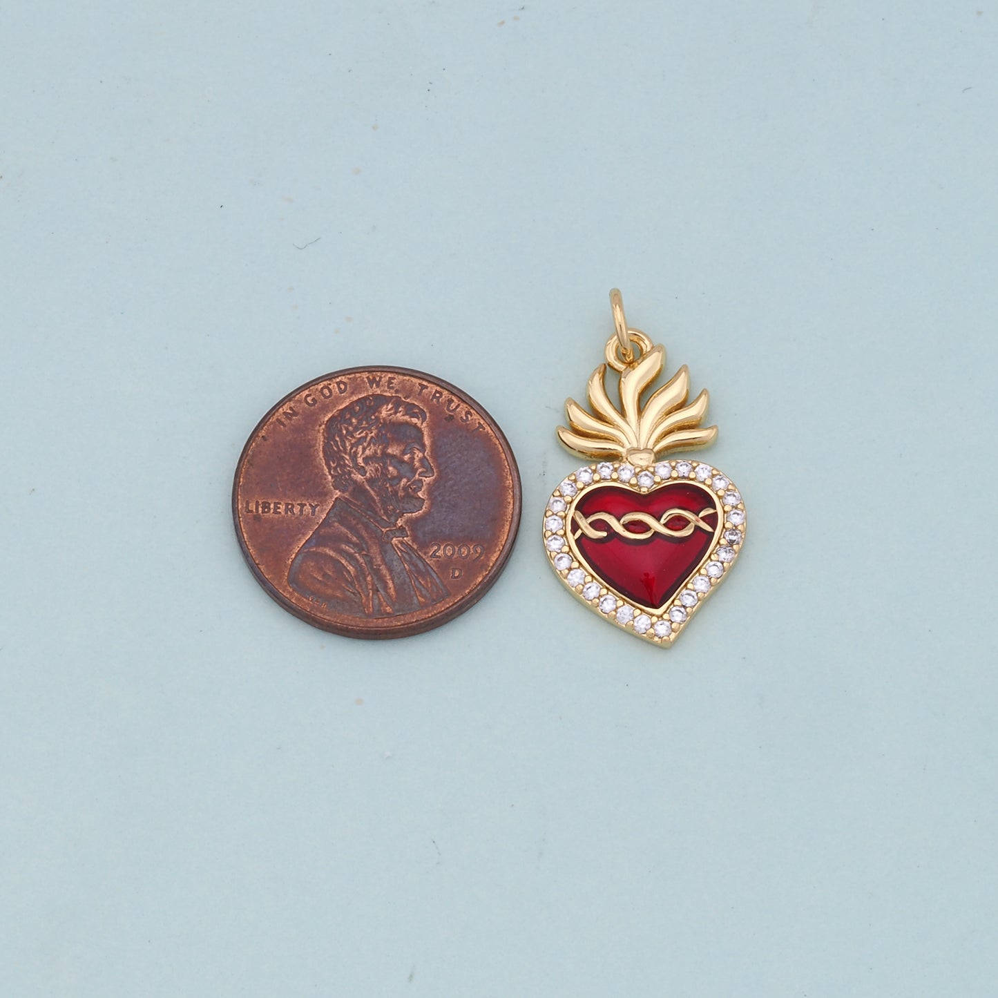 Gold Red sacred Heart Charms,18K Gold Filled flame sacred heart Pendant,Religious Charm Bracelet Necklace for DIY Jewelry Making Supply