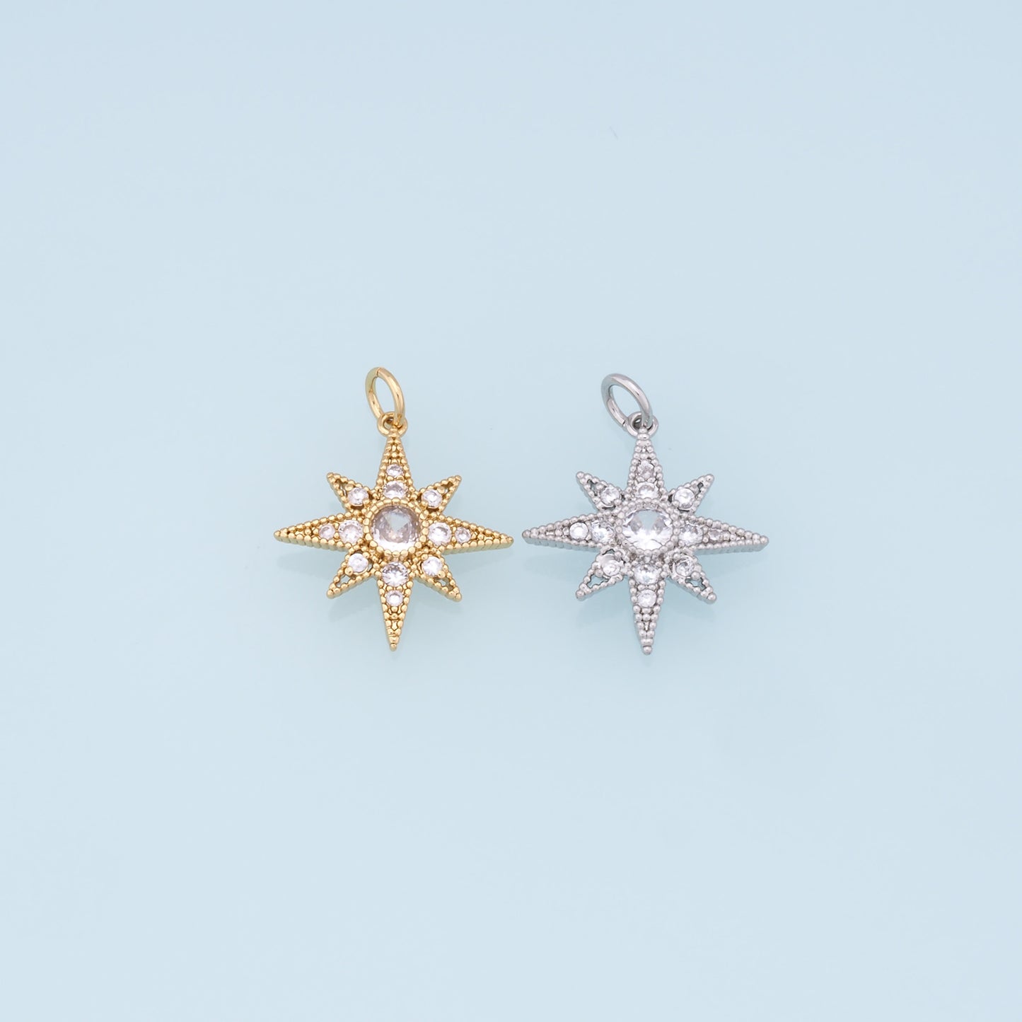 Gold Star Charms,18K Gold Filled Starburst Pendant,CZ North Star Charm Bracelet Necklace for DIY Jewelry Making Supply