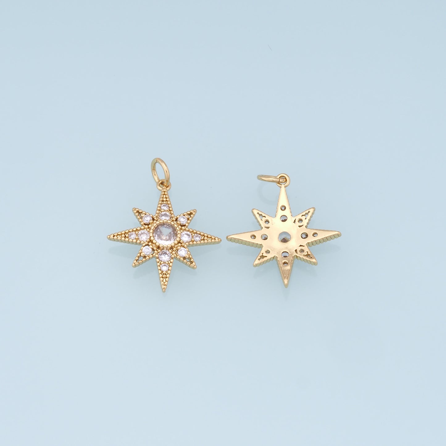 Gold Star Charms,18K Gold Filled Starburst Pendant,CZ North Star Charm Bracelet Necklace for DIY Jewelry Making Supply