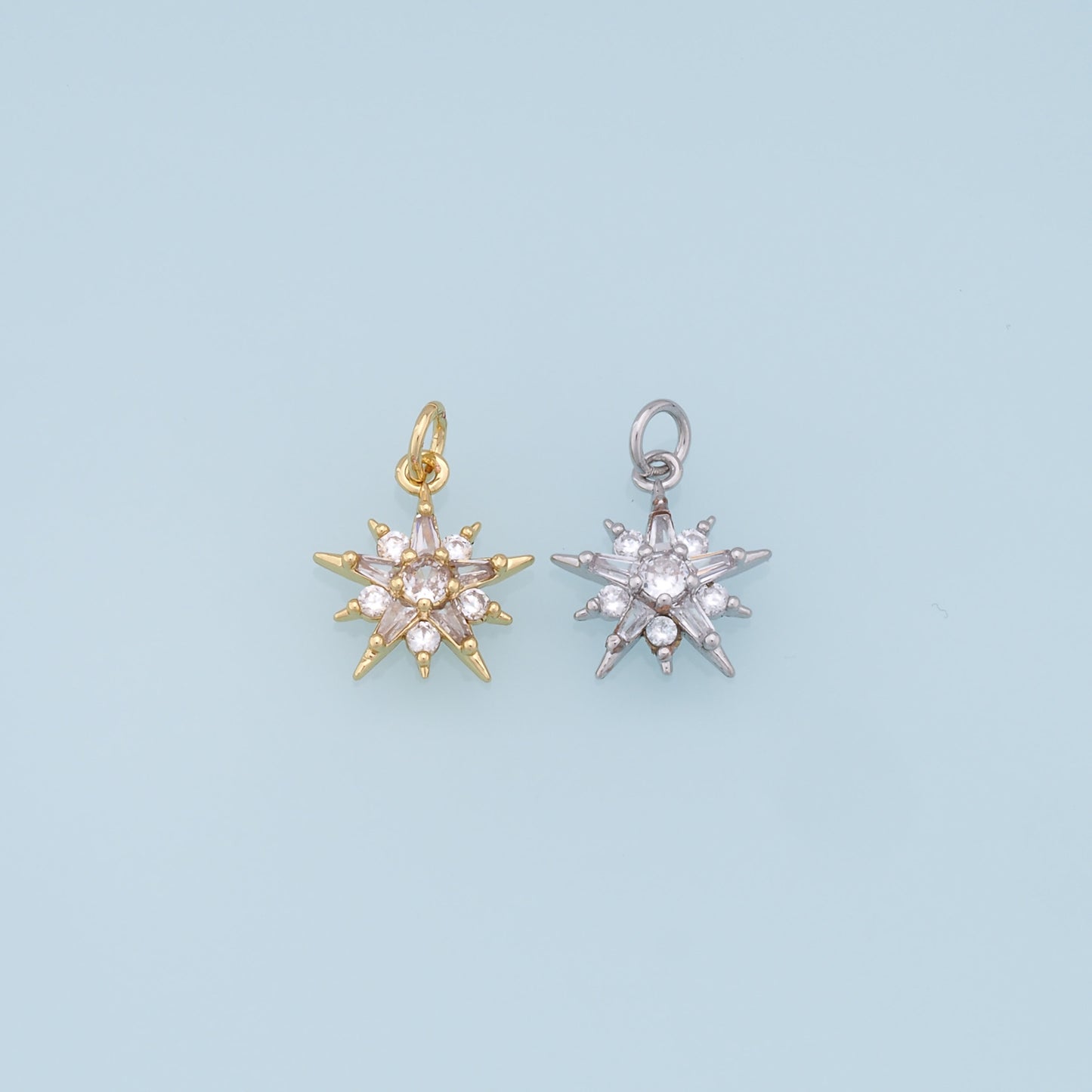 Gold Star Charms,18K Gold Filled Starburst Pendant,CZ North Star Charm Bracelet Necklace for DIY Jewelry Making Supply