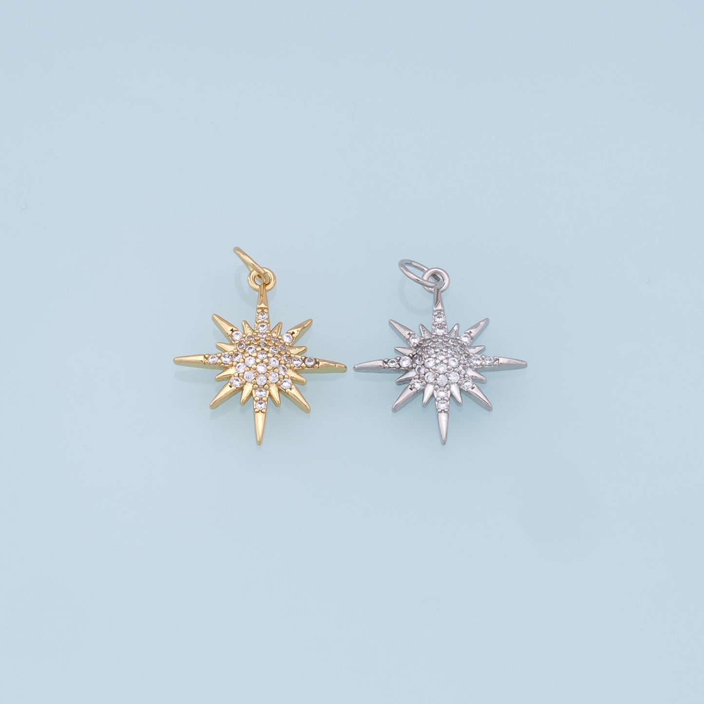 Gold Star Charms,18K Gold Filled Starburst Pendant,CZ North Star Charm Bracelet Necklace for DIY Jewelry Making Supply