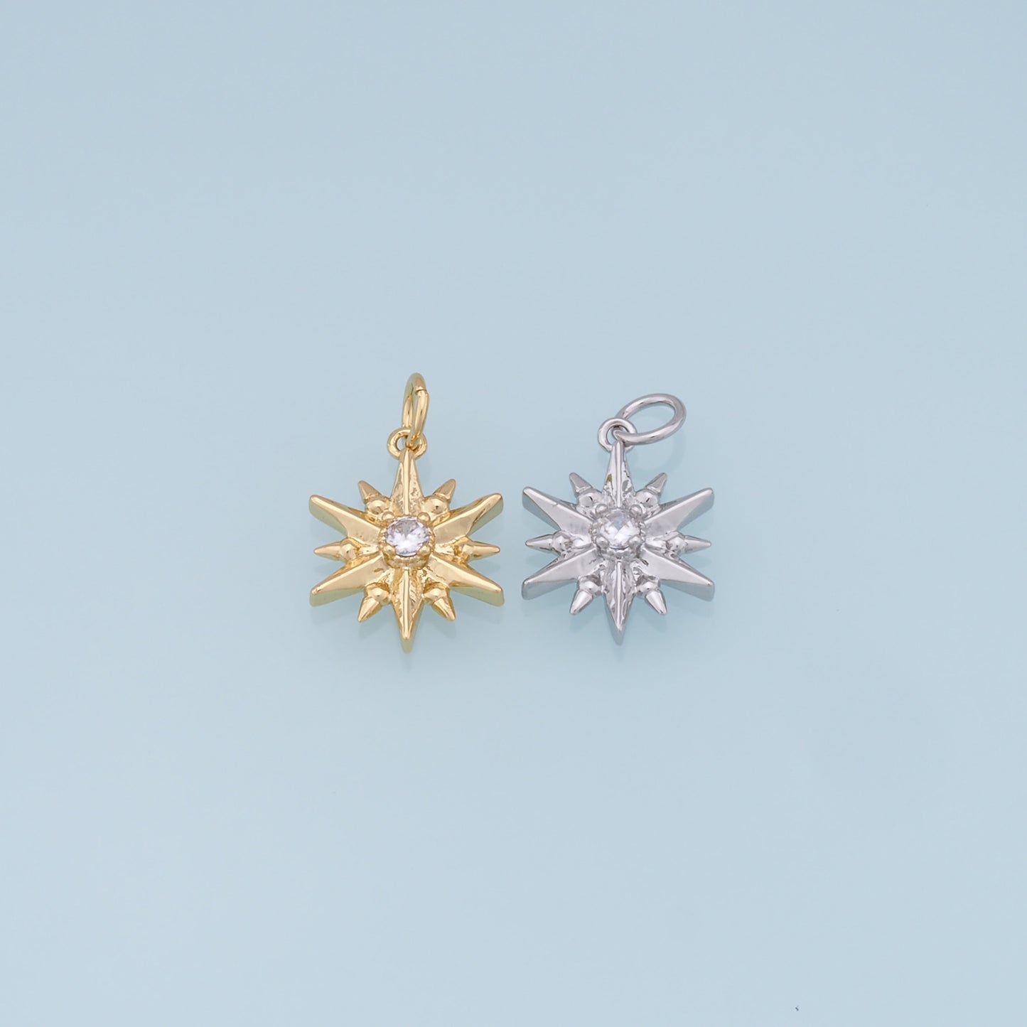 Gold Star Charms,18K Gold Filled Starburst Pendant,CZ North Star Charm Bracelet Necklace for DIY Jewelry Making Supply