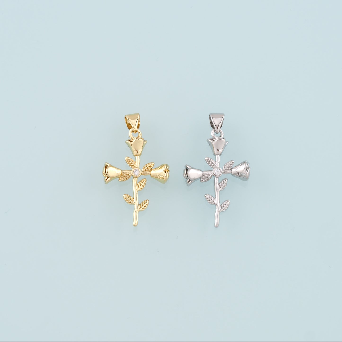 18K Gold Filled Rose Cross Pendant,Dainty Flower Charm Bracelet Necklace for DIY Jewelry Making Supply