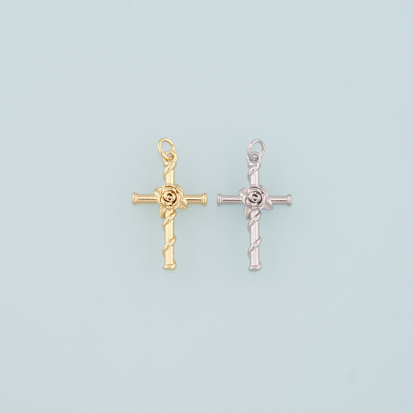 18K Gold Filled Rose Cross Pendant,Dainty Flower Charm Bracelet Necklace for DIY Jewelry Making Supply