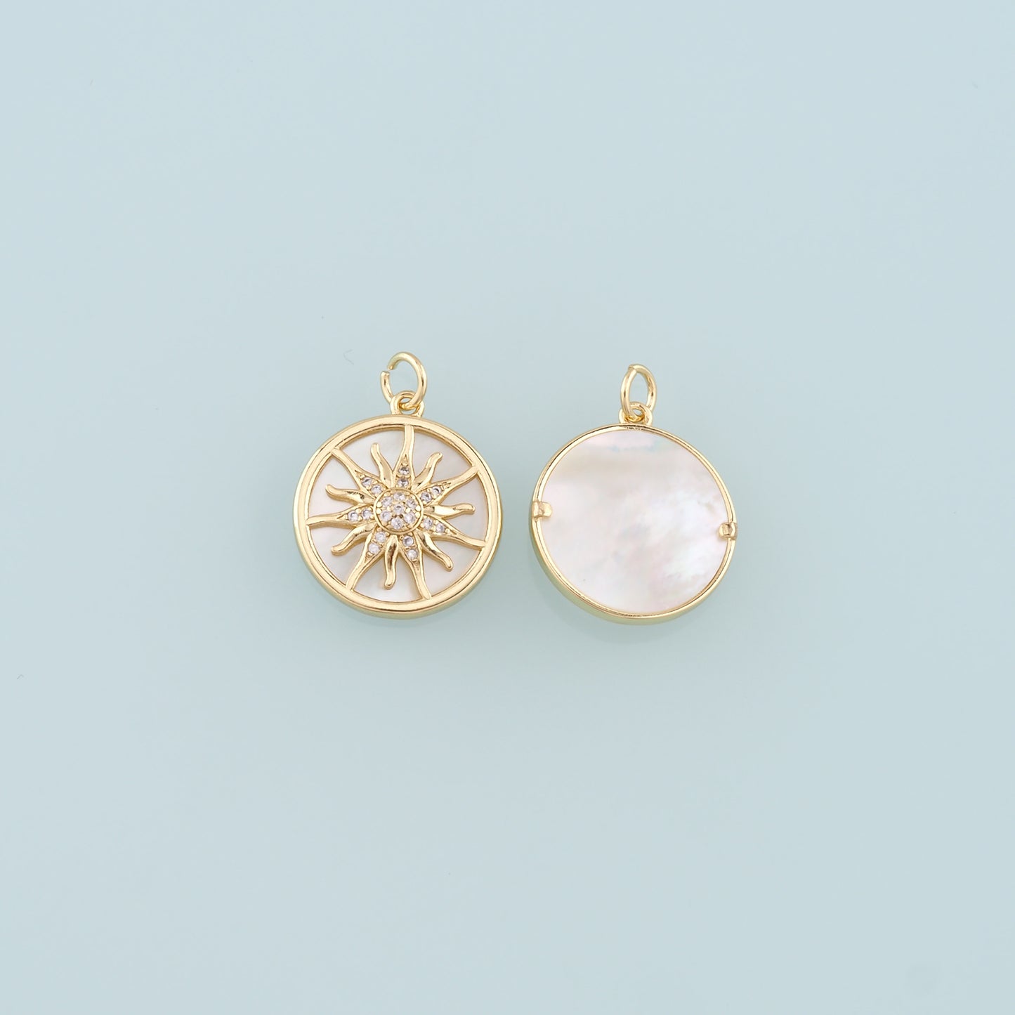 Gold Sun Charms,18K Gold Filled Shell Sun Pendant,CZ Micro Pave Celestial Charm Bracelet Necklace for DIY Jewelry Making Supply