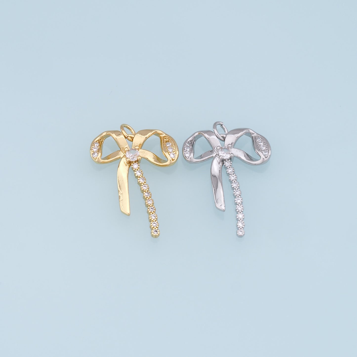 Gold Bow Charms,18K Gold Filled CZ Bow Pendant,Silver bow tie Charm Bracelet Necklace for DIY Jewelry Making Supply