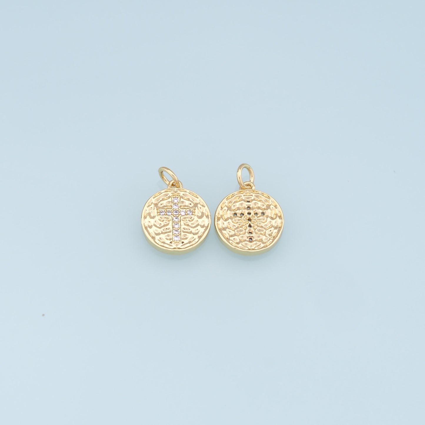Gold Cross Charms,18K Gold Filled Round Coin Cross Pendant,CZ Micro Pave Religious Charm Bracelet Necklace for DIY Jewelry Making Supply