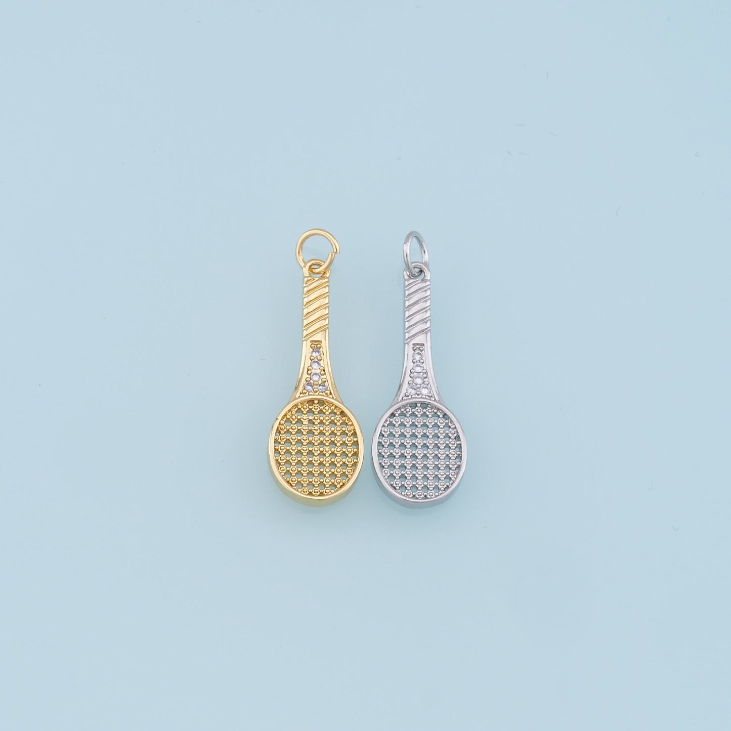 Gold tennis racket Charms,18K Gold Filled CZ tennis racket Pendant,tennis racket Charm Bracelet Necklace for DIY Jewelry Making Supply