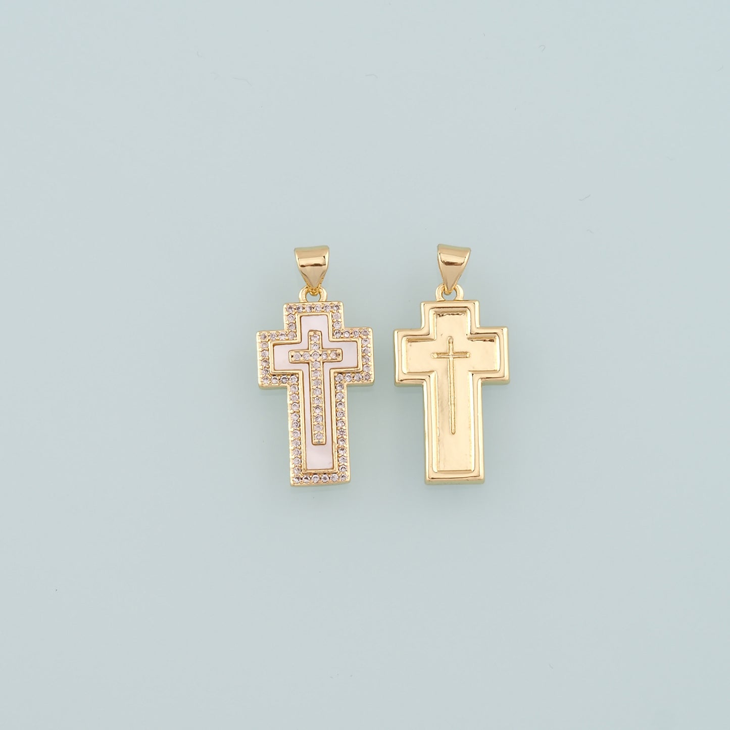 Gold Cross Charms,18K Gold Filled Shell Cross Pendant,CZ Micro Pave Religion Charm Bracelet Necklace for DIY Jewelry Making Supply