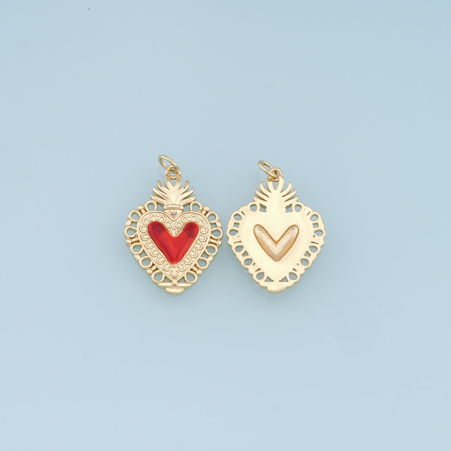 Gold Red sacred Heart Charms,18K Gold Filled flame sacred heart Pendant,Religious Charm Bracelet Necklace for DIY Jewelry Making Supply