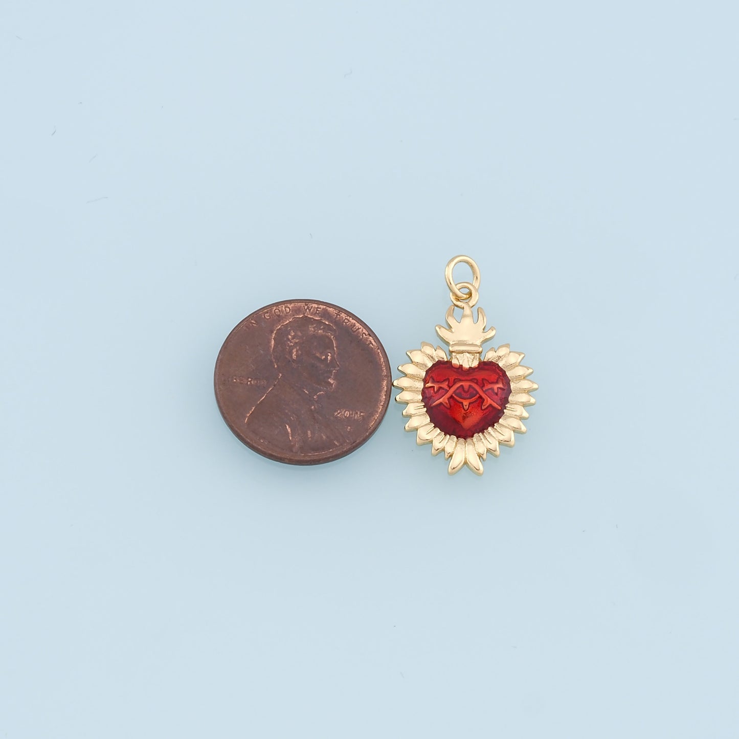 Gold Red Sacred Heart Charms,18K Gold Filled Flame Sacred Heart Pendant,Religious Charm Bracelet Necklace for DIY Jewelry Making Supply
