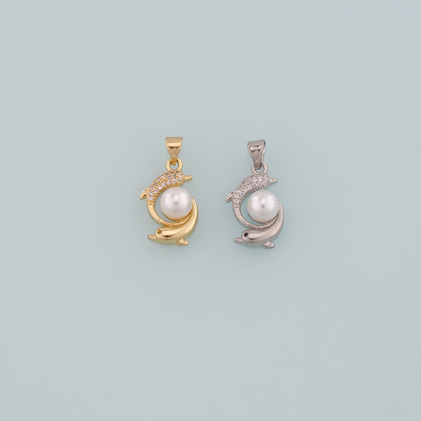 Gold Dolphin Charms,18K Gold Filled Pearl Dolphin Pendant,CZ Micro Pave Ocean Charm Bracelet Necklace for DIY Jewelry Making Supply