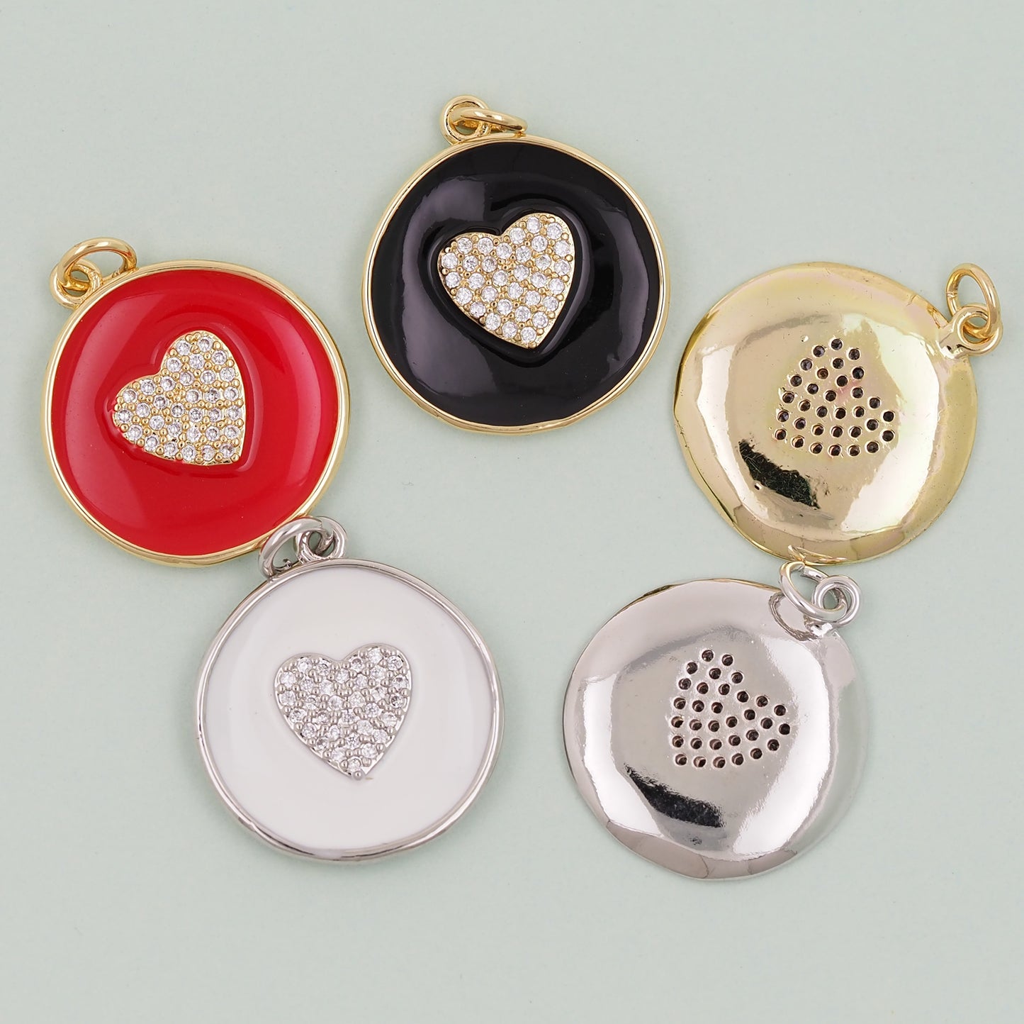 18K Gold Filled Round Heart Pendant,Enamel Heart Charm Bracelet Necklace for DIY Jewelry Making Supply