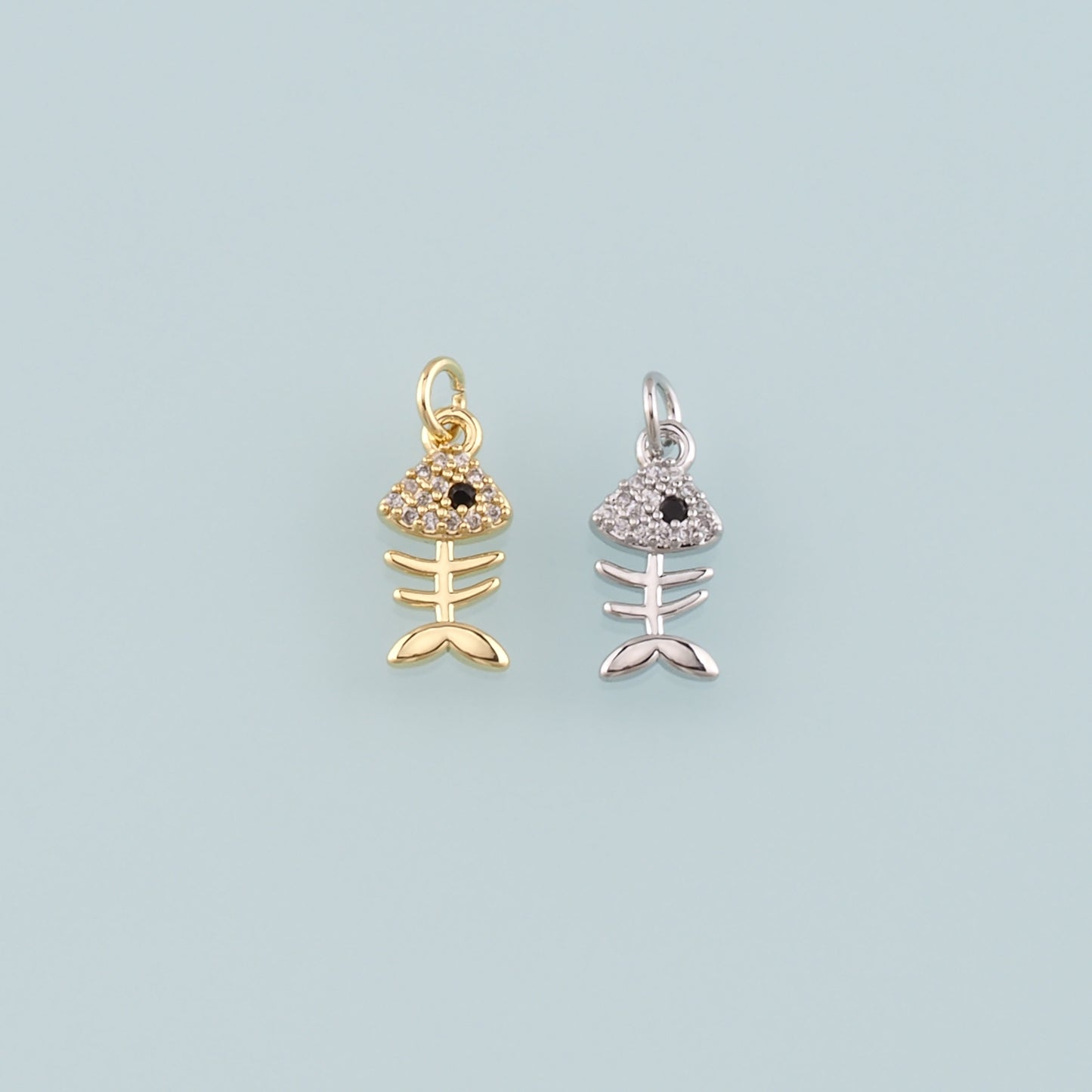 Gold Fish Charms,18K Gold Filled Fish Pendant,CZ Micro Pave Fish Bones Charm Bracelet Necklace for DIY Jewelry Making Supply