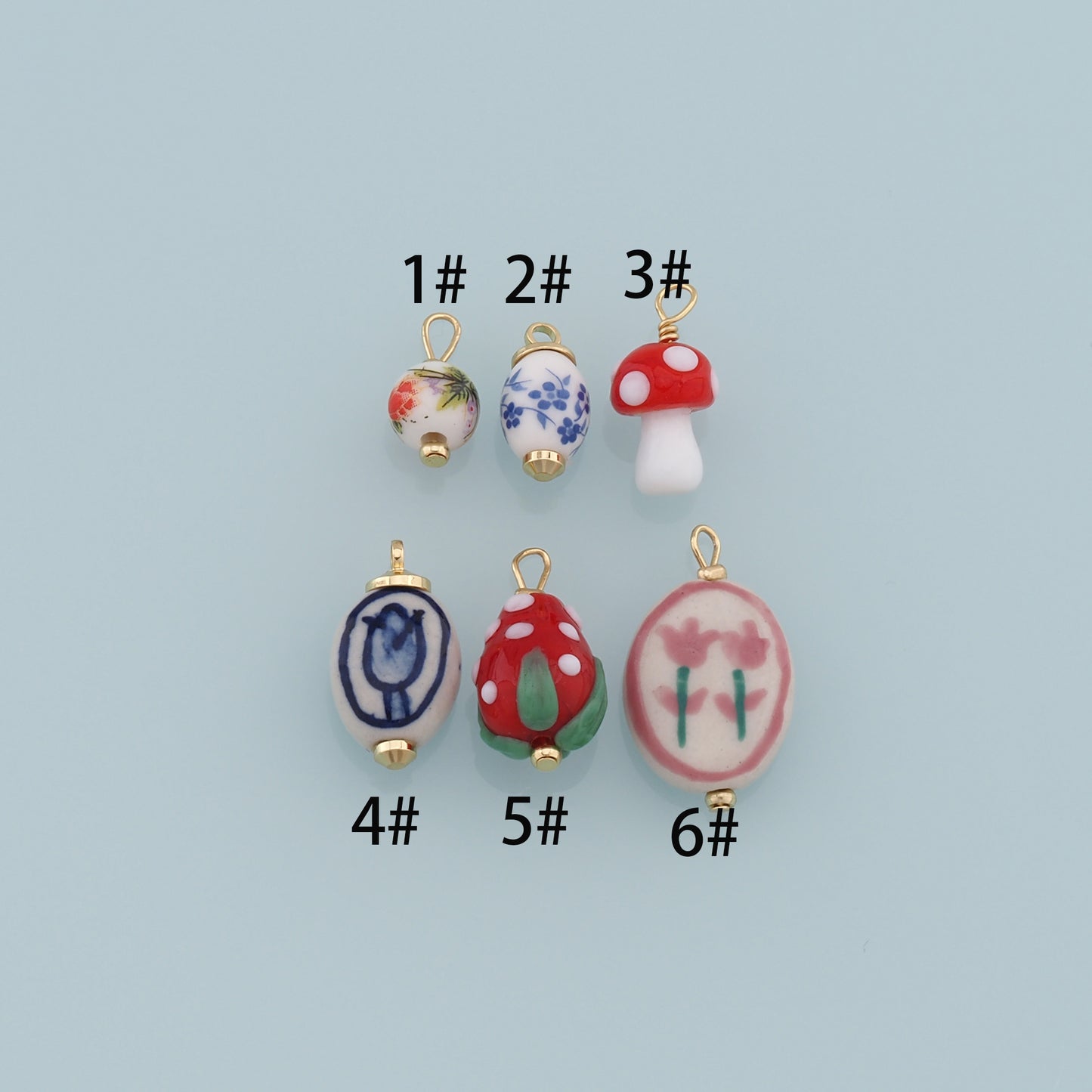 Gold Ceramics Charms,Ceramics Glass Mushroom Pendant,Flower Charm Bracelet Necklace for DIY Jewelry Making Supply