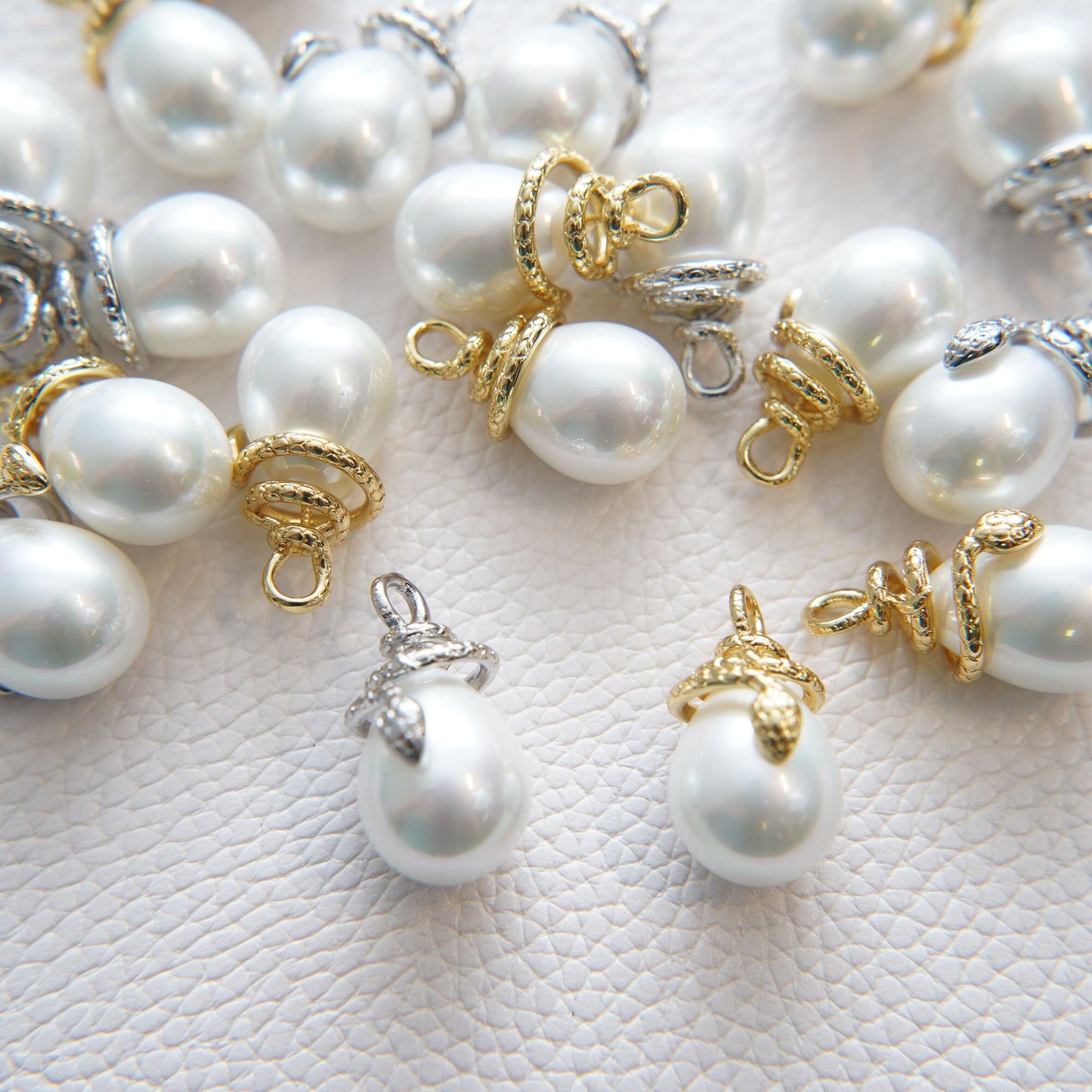 Gold Pearl Snake Charms,18K Gold Filled Snake Pearl Pendant,Silver Snake Charm Bracelet Necklace for DIY Jewelry Making Supply