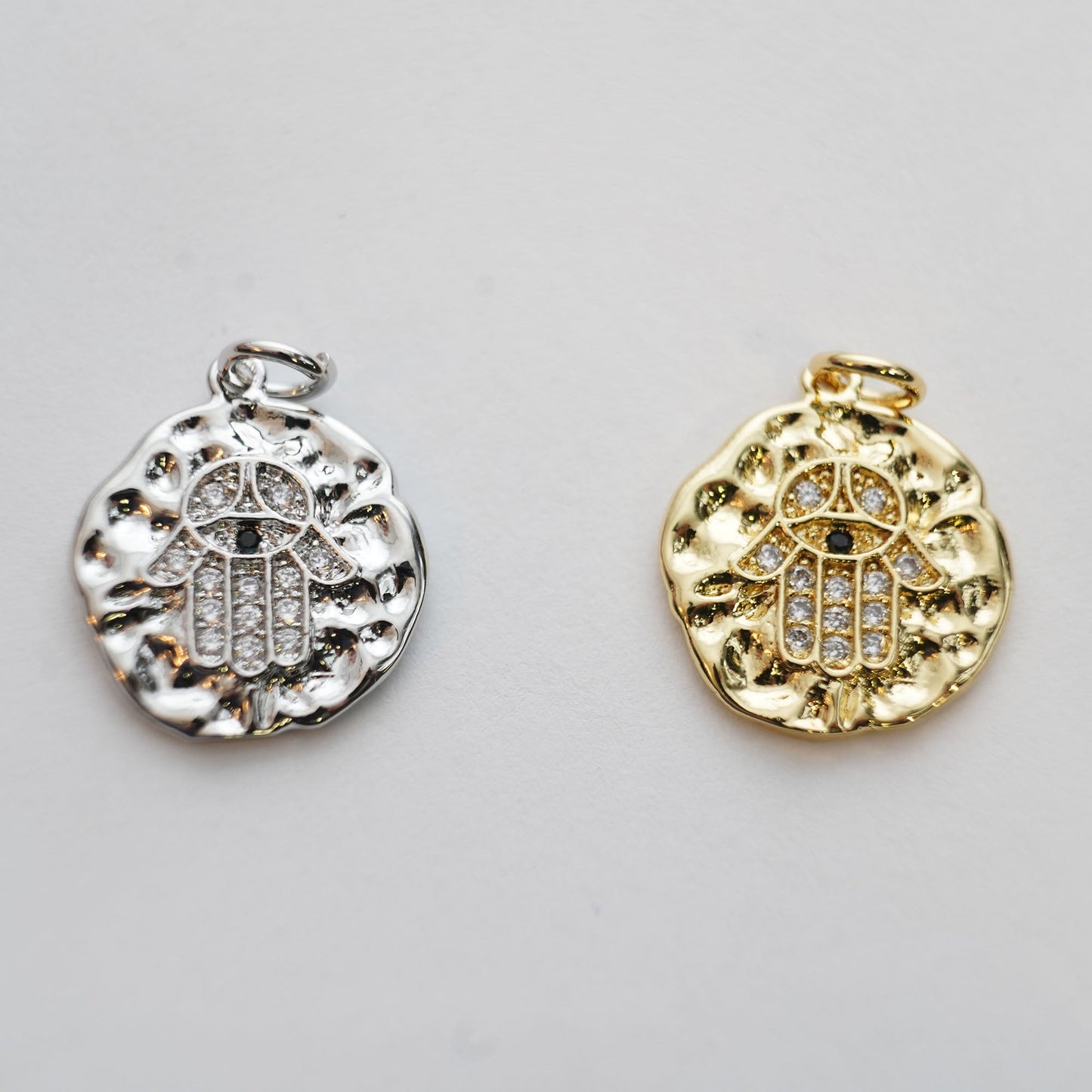 18K Gold Filled Hamsa Evil Eye Pendant,Coin CZ Micro Pave Evil Eye Charm Necklace for DIY Jewelry Making Supply