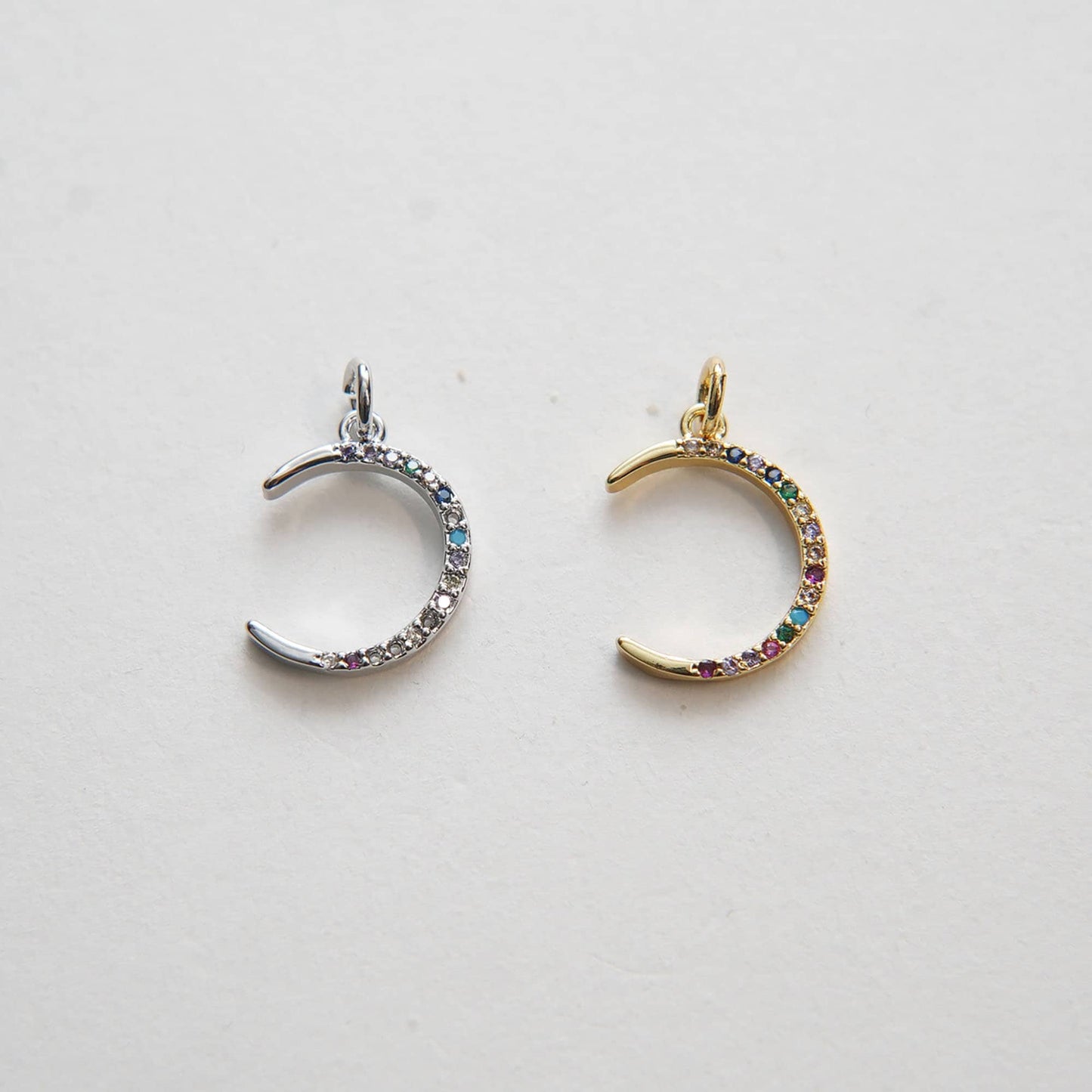 Gold Moon Charms,18K Gold Filled Colorful Moon Pendant,CZ Micro Pave Celestial Charm Bracelet Necklace for DIY Jewelry Making Supply