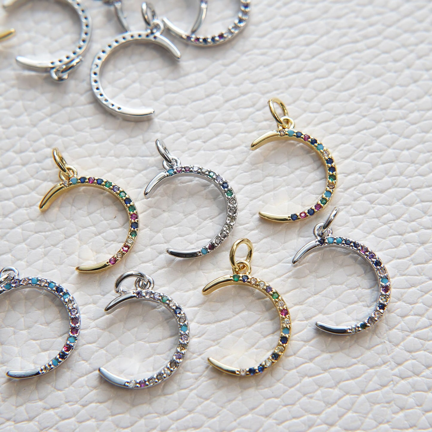 Gold Moon Charms,18K Gold Filled Colorful Moon Pendant,CZ Micro Pave Celestial Charm Bracelet Necklace for DIY Jewelry Making Supply