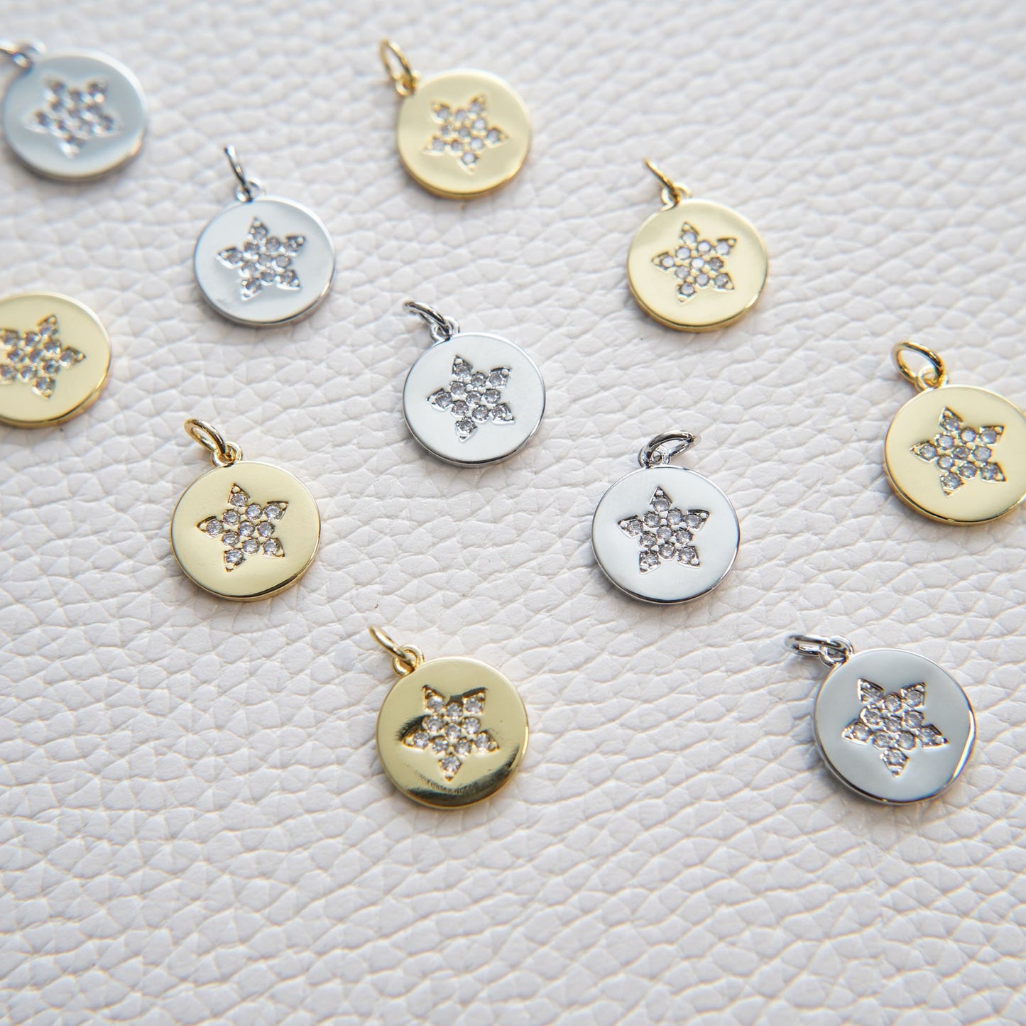 Gold Star Charms,18K Gold Filled Round Coin Star Pendant,Silver Star Charm Bracelet Necklace for DIY Jewelry Making Supply