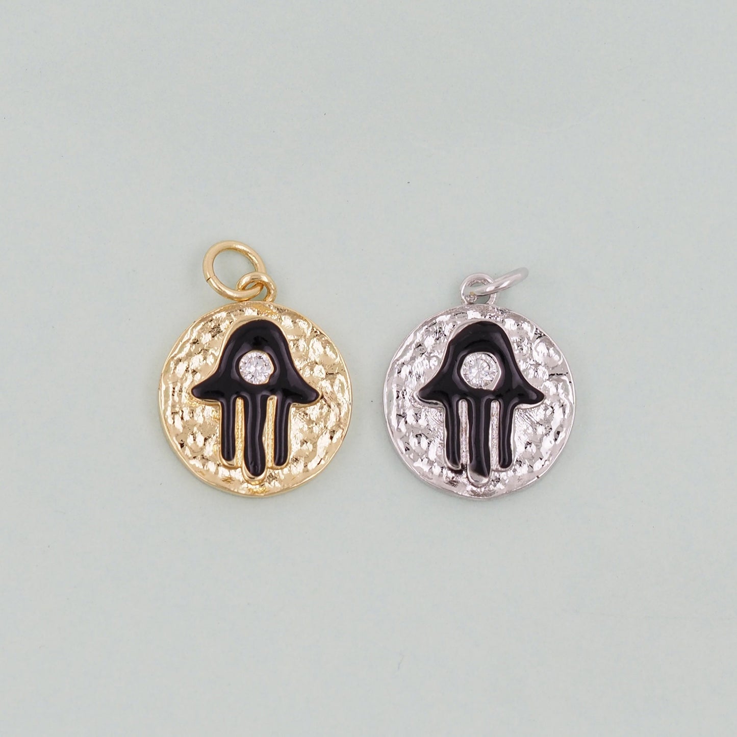 Gold Round Coin Hamsa Charms,18K Gold Filled CZ Hamsa Pendant,Silver Hamsa Protection Charms Bracelet Necklace for DIY Jewelry Making Supply