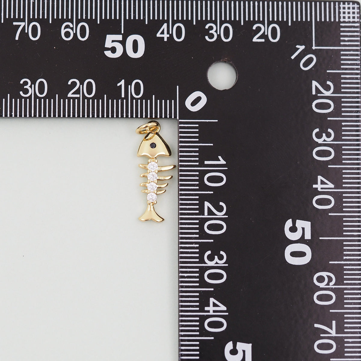 Gold fish bone Charms,18K Gold Filled CZ fish Pendant,fish Charm Bracelet Necklace for DIY Jewelry Making Supply