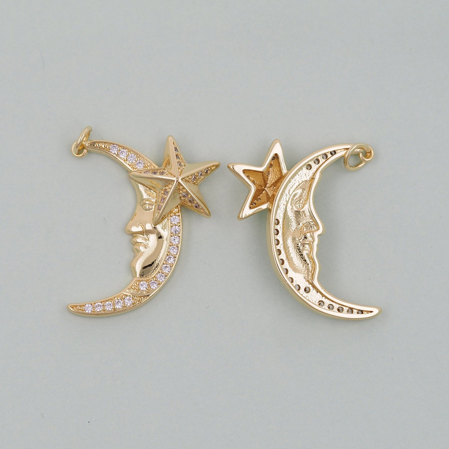 Gold Moon Star Charms,18K Gold Filled Moon Pendant,CZ Micro Pave Celestial Charm Bracelet Necklace for DIY Jewelry Making Supply