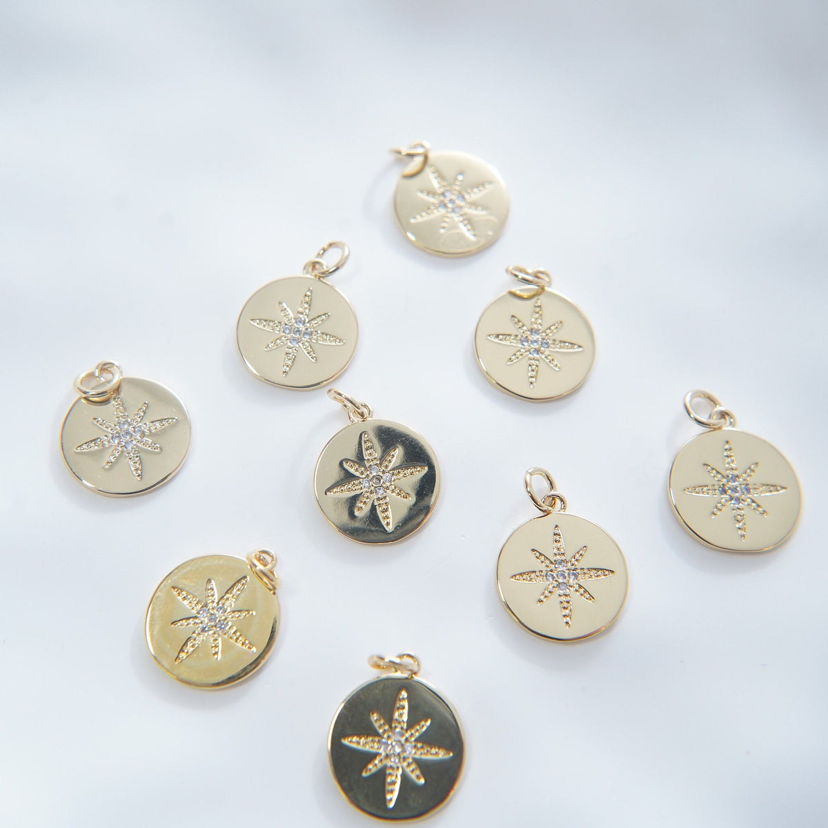 Gold Round Coin north star Charms,18K Gold Filled Starburst Pendant,North Star Charm Bracelet Necklace for DIY Jewelry Making