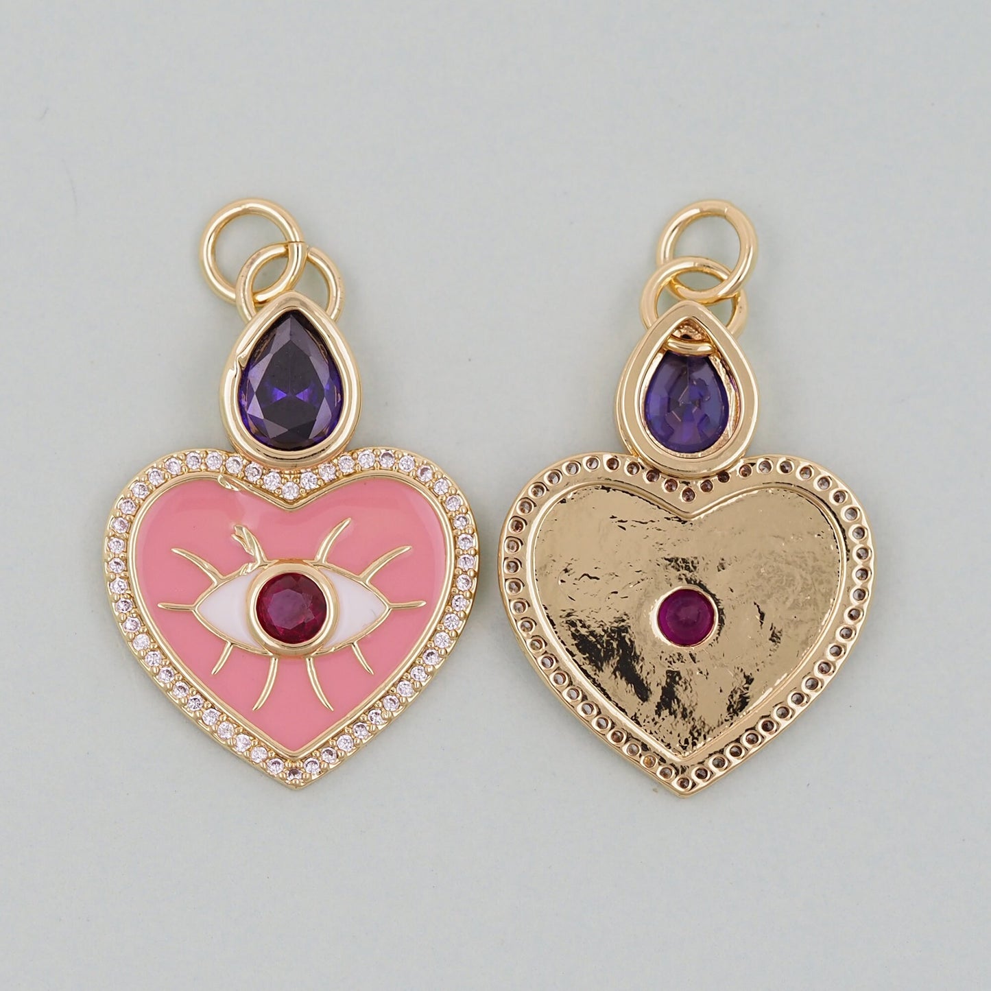 Gold Pink Heart Evil Eye Charms,18K Gold Filled Heart Pendant,Heart Eye Charm Bracelet Necklace for DIY Jewelry Making Supply