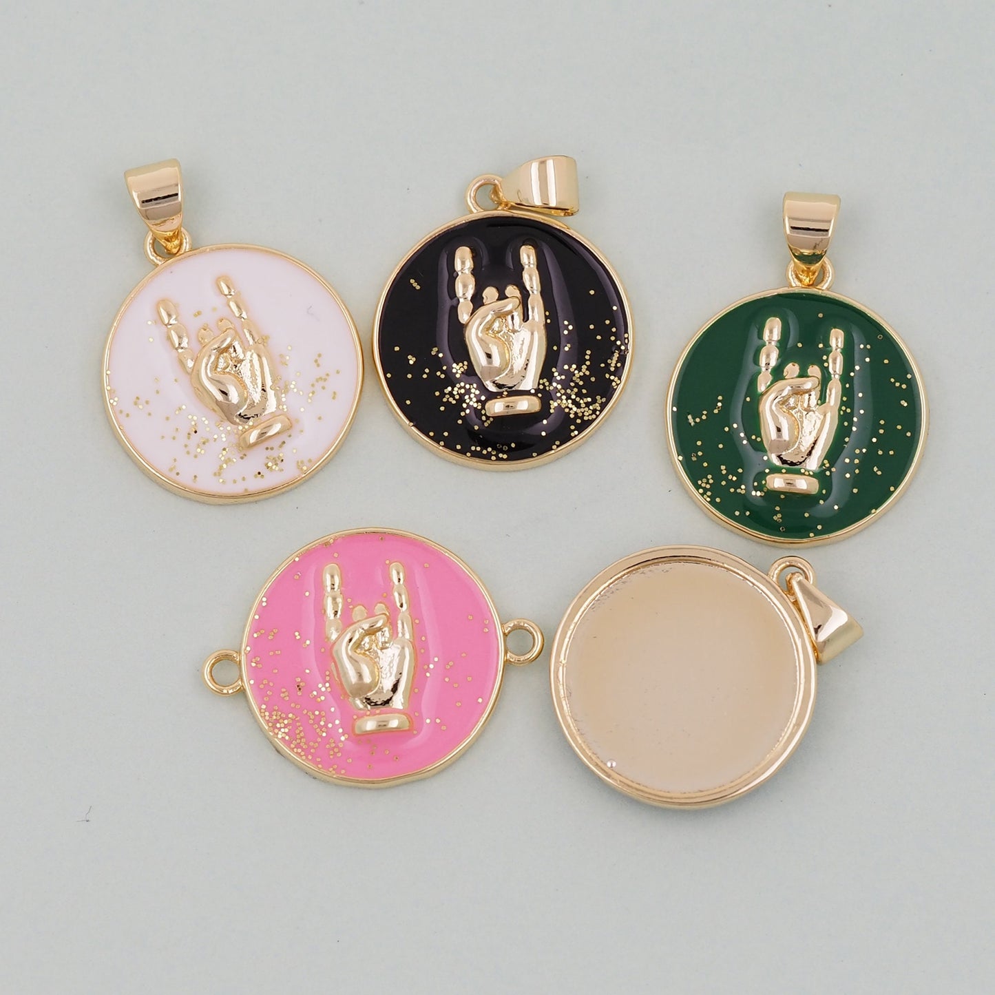 Gold gesture Charms,18K Gold Filled Round Coin Hand Pendant,Hand Charm Bracelet Necklace for DIY Jewelry Making Supply