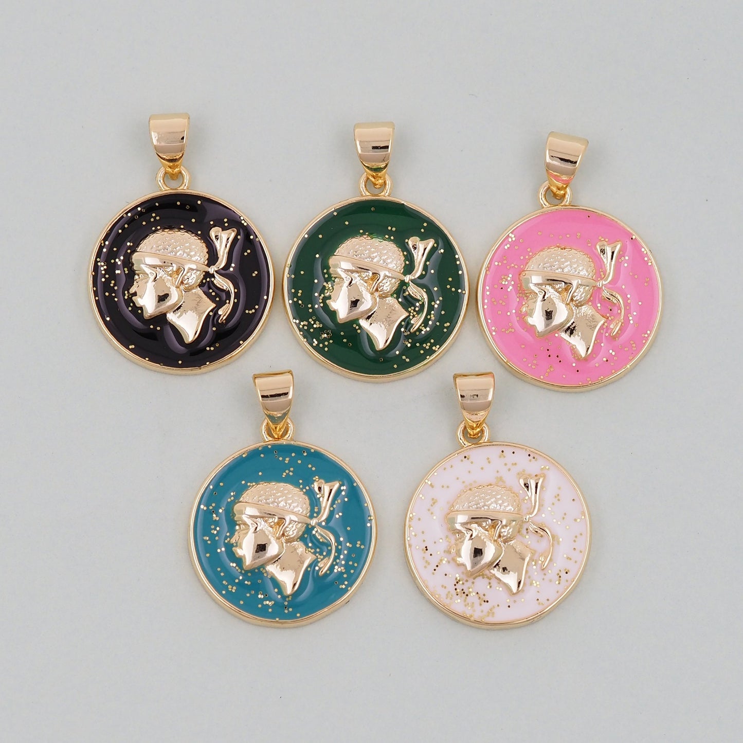 Gold Geometry Enamel Charms,18K Gold Filled Round Coin Pendant,geometry Charm Bracelet Necklace for DIY Jewelry Making Supply