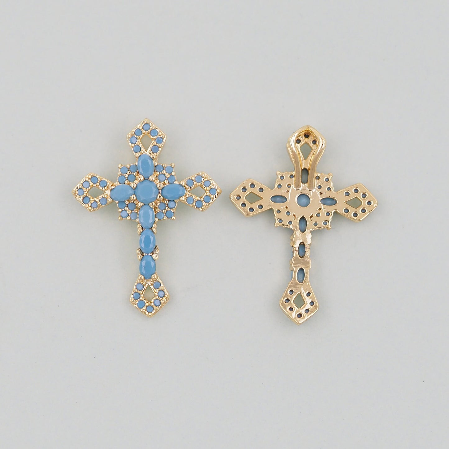 Gold Cross Charms,18K Gold Filled CZ turquoise Cross Pendant,Religious Charm Bracelet Necklace for DIY Jewelry Making Supply