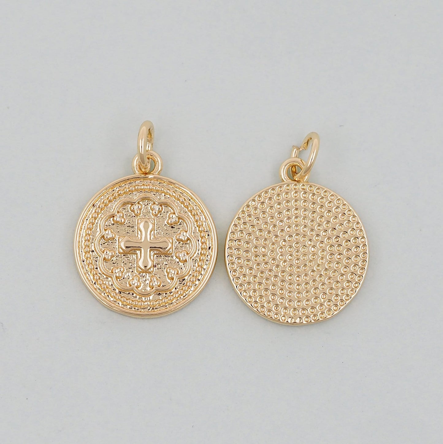 Gold Cross Charms,18K Gold Filled Round Coin Cross Pendant,Religious Jesus Charm Bracelet Necklace for DIY Jewelry Making Supply