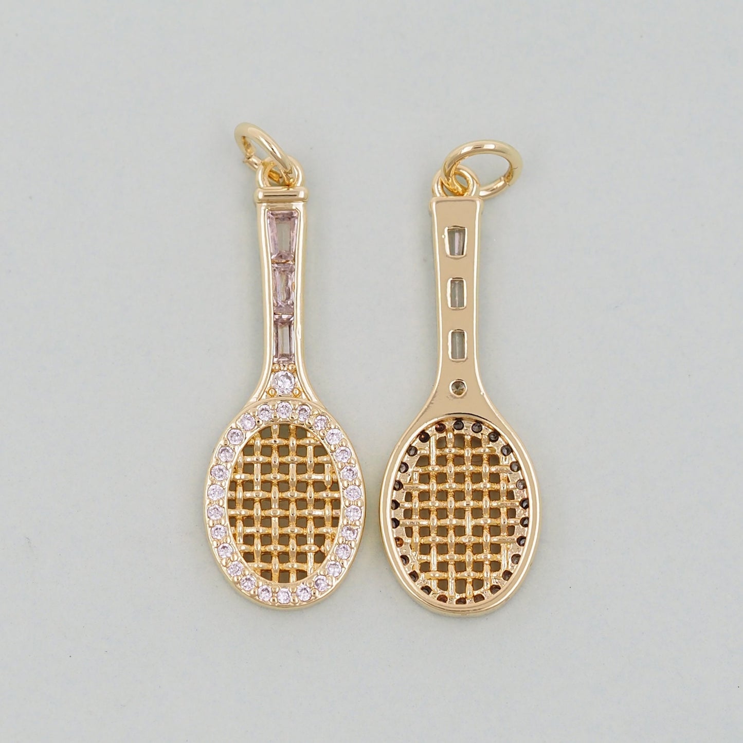 Gold tennis racket Charms,18K Gold Filled CZ tennis racket Pendant,tennis racket Charm Bracelet Necklace for DIY Jewelry Making Supply