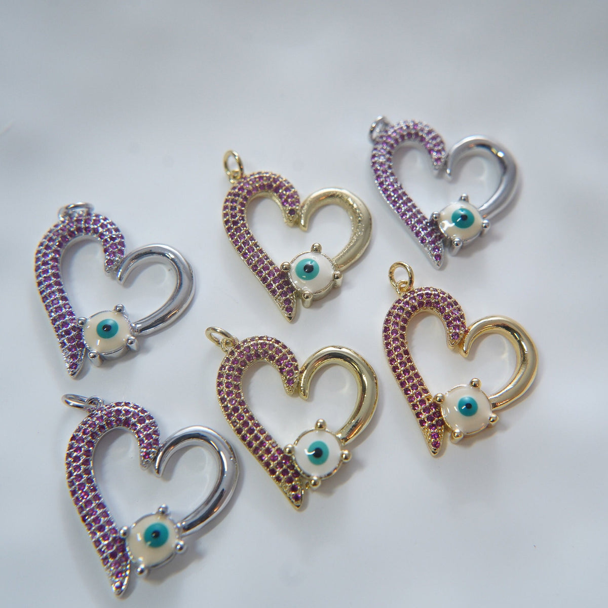 Gold Heart Charms,18K Gold Filled Heart Pendant,Heart Evil eye Charm Bracelet Necklace for DIY Jewelry Making Supply