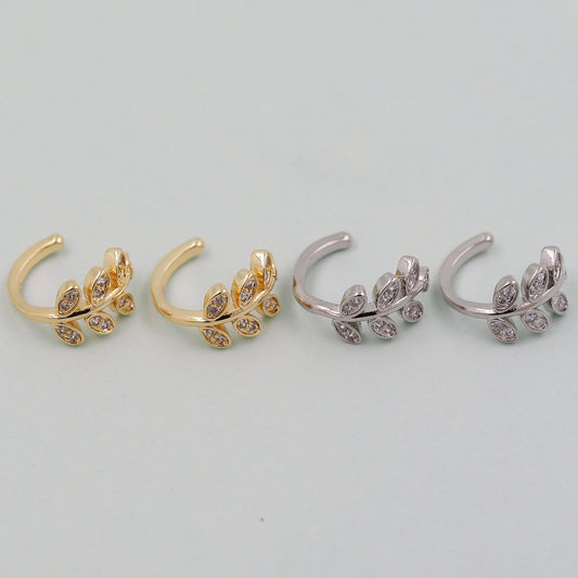 1pair 18K Gold Filled Dainty CZ leaf Hoop Earrings,CZ Ear Cuff No Piercing,Cartilage Earring,Ear Wrap Earrings