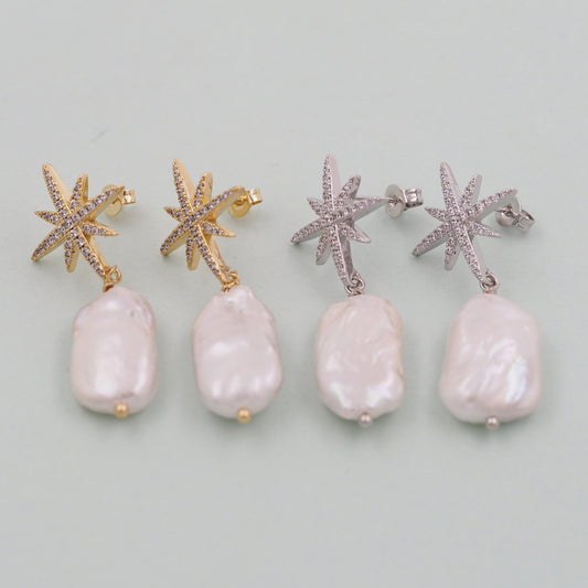 1pair 18K Gold Filled North Star Pearl Hoops Earrings,Gold Earrings,Dainty Hoops Huggie,Gold Huggies Hoop Earrings