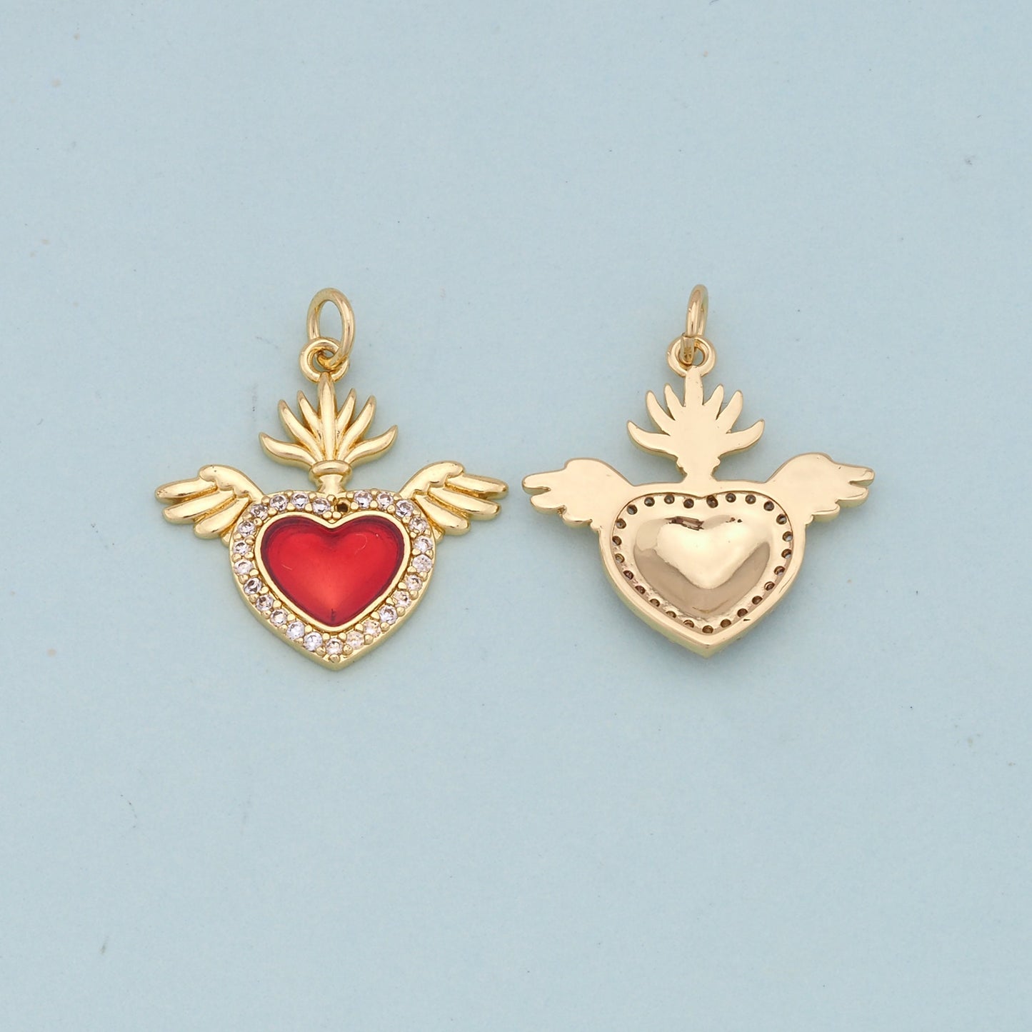Gold Wings Charms,18K Gold Filled flame Red sacred heart Pendant,Religious Charm Bracelet Necklace for DIY Jewelry Making Supply