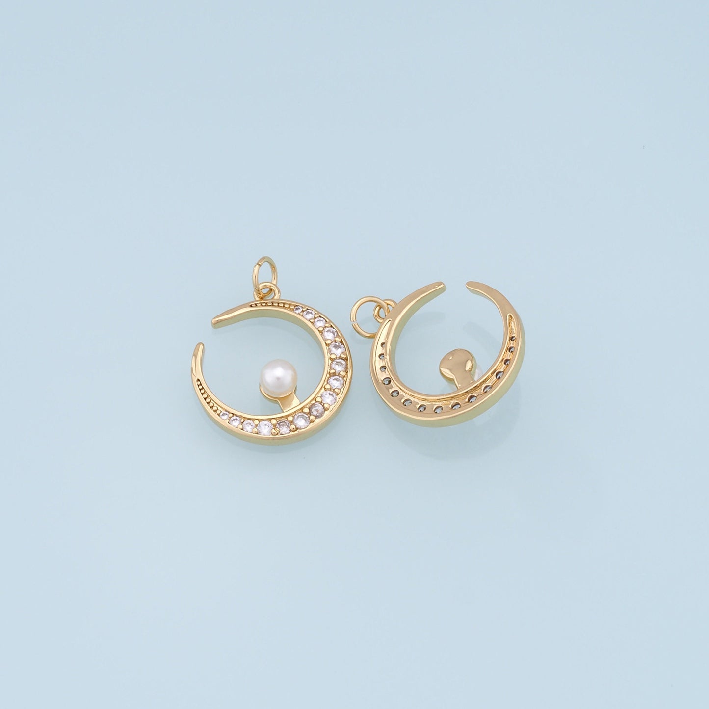 Gold Moon Charms,18K Gold Filled Pearl Moon Pendant,CZ Micro Pave Celestial Charm Bracelet Necklace for DIY Jewelry Making Supply