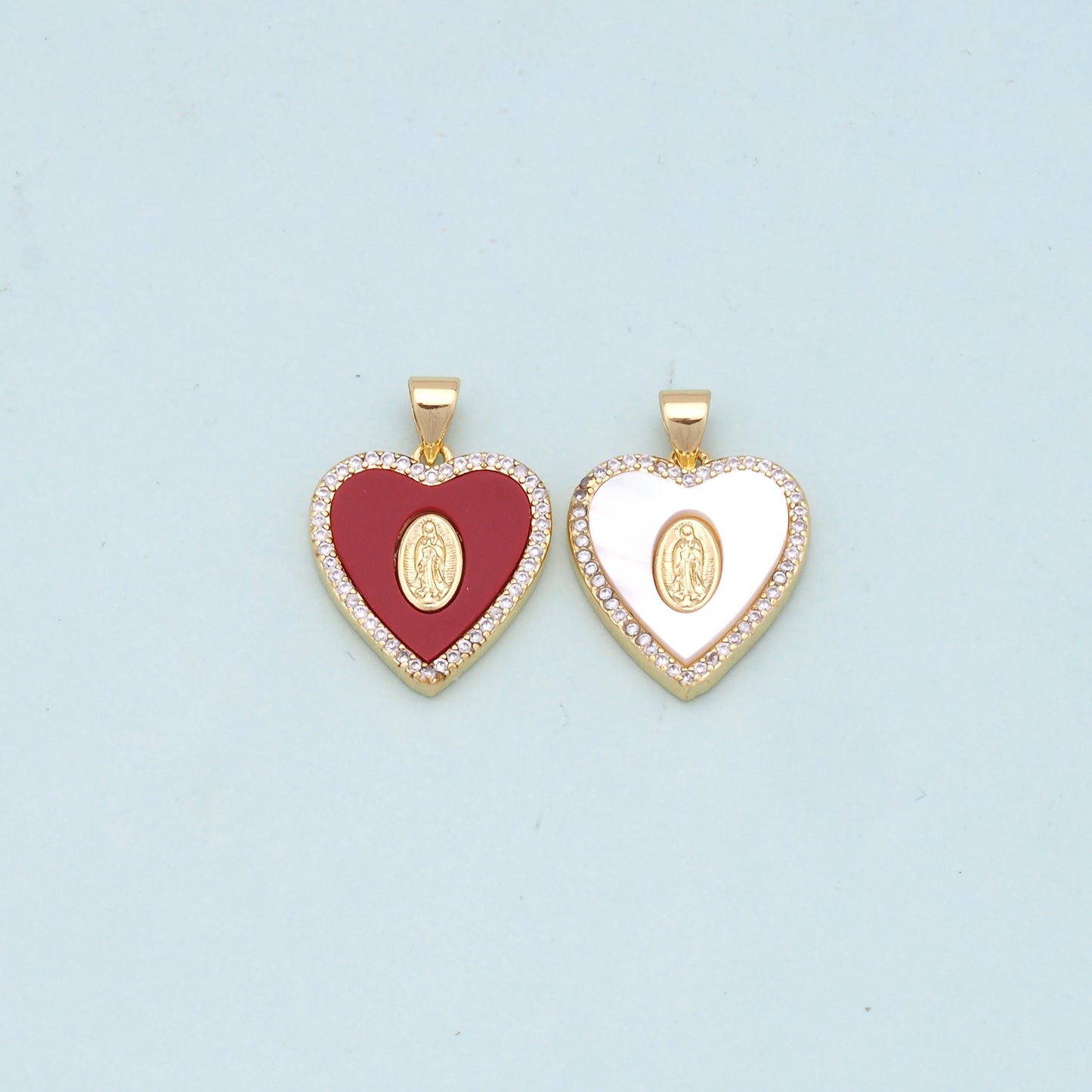 Gold Heart Our Lady Charms,18K Gold Filled Heart Pendant,Red shell Heart Virgin Mary Charm Bracelet Necklace for DIY Jewelry Making Supply