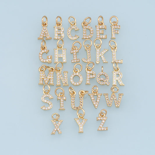 Gold letter Charms,18K Gold Filled CZ letter Pendant,initial Charm Bracelet Necklace for DIY Jewelry Making Supply