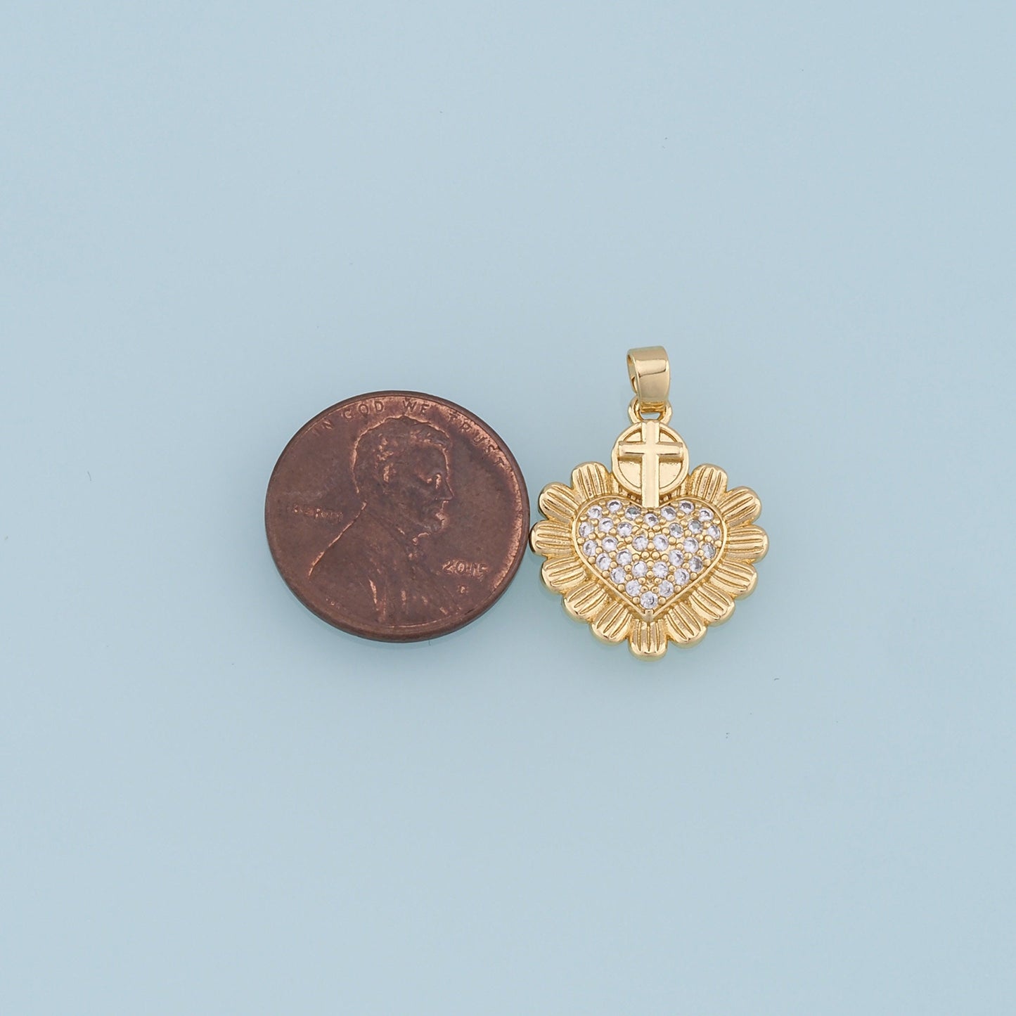 Gold Sacred Heart Charms,18K Gold Filled Sacred heart Pendant,CZ Micro Pave Religious Charm Bracelet Necklace for DIY Jewelry Making Supply